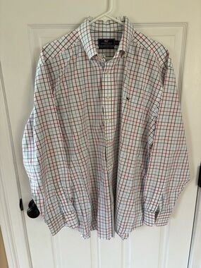 Vineyard Vines White Button-Down Shirt with Red and Blue Windowpane